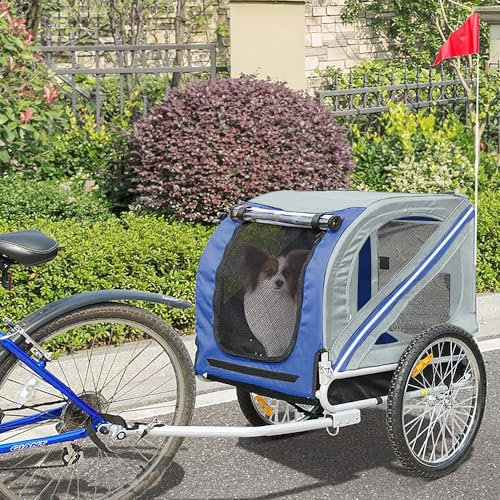 Fahrradanhänger für Hunde, faltbar, Fahrradanhänger aus Oxford-Stoff mit Reflektoren, Fahrradanhänger für Haustiere, Kinderwagen, max. 40 kg (grau + blau)