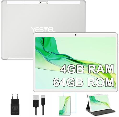YESTEL Tablet 10 Pollici con Custodia 64 GB ROM Espandibile 1 TB, 1280 * 800 HD Android Tablet, WiFi/Bluetooth/8000 mAh/5 MP+8 MP Doppio Camera, Argento