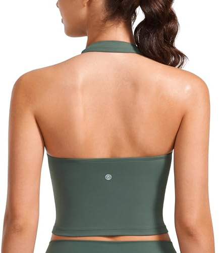 CRZ YOGA Butterluxe Halter Crop Tank Tops for Women - Open Back Padded Longline Sports Bras Workout Gym Dark Forest Green Medium