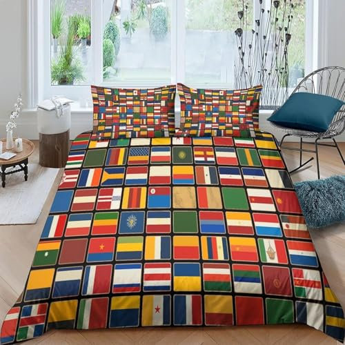 Bettwäschegarnitur Bettbezug Set 3D Gedruckter Länderflaggen Der Welt Für Kinder Mädchen Jungen Und 2 Kissenbezüge Weich Microfaser Bettwäsche Reissverschluss 3 Teilig - Pflegeleicht 2-007L658U324R