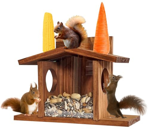 YCBTREE Eichhörnchen Futterhaus, Holz Aufhängen Futterstation mit 2 Eingänge und Sitzplattformen, Wetterfest, Belüftungssystem für Trockenes Eichhörnchenfutter