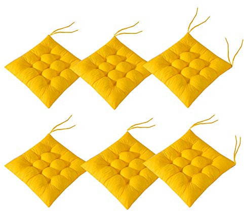 BODHIS Kissen Stuhlauflagen Set, 6er Set 40x40cm Gartenstuhlauflagen mit Bändern, Sitzpolster, einfarbige Auflagen für Stühle für drinnen und draußen geeignet (Gelb)