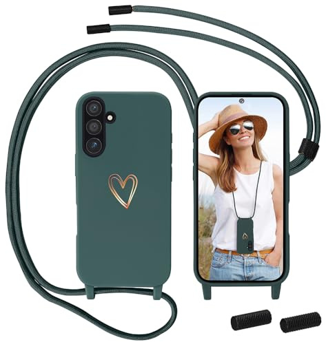 Handyband für Samsung Galaxy A56 5G Hülle mit Band, MoEvn Necklace Handyhülle mit Kordel für zum Umhängen Herz Muster Silikon Case Stoßfeste Schutzhülle mit Abnehmbar Kette für Samsung A56,Grün