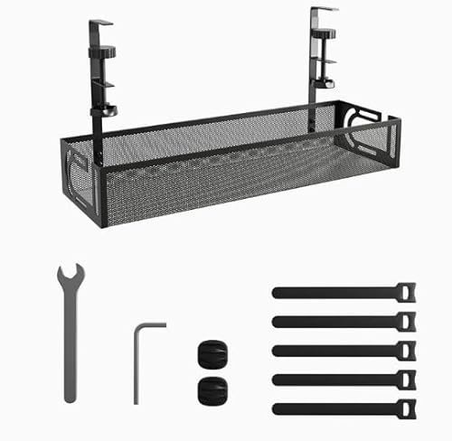 Under Desk Cable Management Tray No Drill, Metal Mesh Clamp-on Cable Tray for Wire Organiser, Desk Accessories Cable Tidy, Cable Management for Home Office Setup, Black