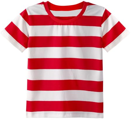MOMBEBE COSLAND Camiseta de Rayas para Niños Camisetas de Algodón de Manga Corta, Rojo y Blanco, Medium