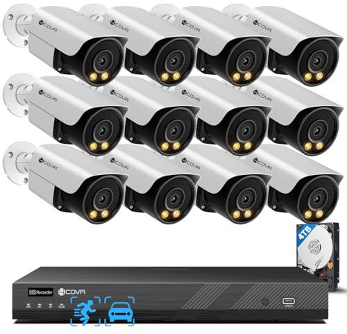 4COVR 16 Channel PoE CCTV Camera Systems, 16CH NVR 4TB HDD, ELY37YX5M1612 | 12×5MP Security Wired Bullet IP Camera IP67, 2-Way Talk & Smart Dual Lights Color Night Vision, Human/Vehicle Detection