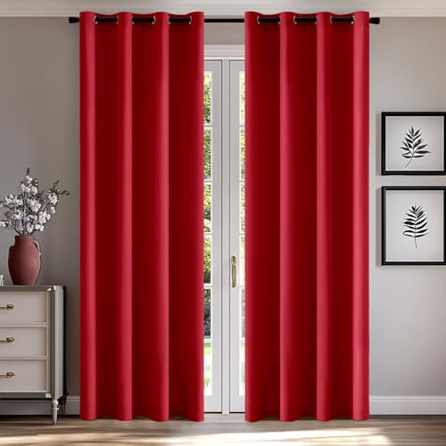 MIULEE Gardinen Voile Vorhänge mit Ösen 2er Rot 140x225cm | Halbtransparente leichte Voile Vorhänge mit Metall Ösen, lichtdurchlässig, modern für Wohn- und Schlafzimmer