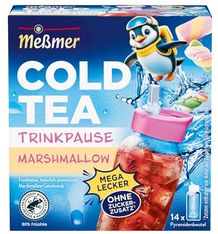 Meßmer Cold Tea Trinkpause Marshmallow – Kaltaufguss, 14 Pyramidenbeutel | Fruchtiger Früchtetee mit Marshmallow-Aroma für Kinder, ohne Zuckerzusatz, von Natur aus koffeinfrei – 1 Beutel für 500 ml