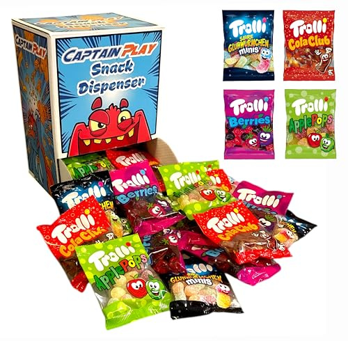 CAPTAIN PLAY Candy Snack Dispenser – Mix Trolli, 40 sachets emballés individuellement, 4 variétés, 800g, bonbons école