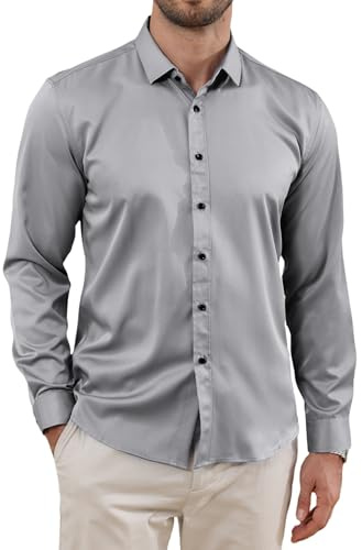 Mens Long Sleeve Dress Shirt Stretch Wrinkle Free Dress Formal Wedding Work Non Iron Shirt Casual Business Shirts Grey L