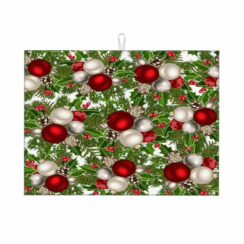 Alfombrilla Escurreplatos Acebo Rojo Navideño Escurridor Estera De Secado Absorbente Reversible Esteras De Secado para Cocina, para Ollas Y Sartenes, Verdura, Platos, 41x46cm