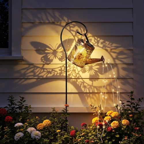 Warmiehomy Luces solares de jardín con regadera de metal, luces solares LED de doble modo con cuerda cálida, mariposa hueca retro, adornos de jardín, luces de estaca para jardín, patio, césped, camino