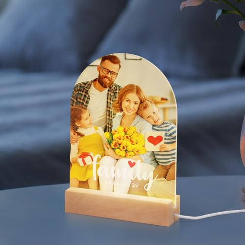 PYD Life 4 Pack Sublimation LED Acrylic Photo Frames Night Lights Blanks 6 x 8 Arch with Warm Color Light,with Wood Stand for Heat Press Machine Printing