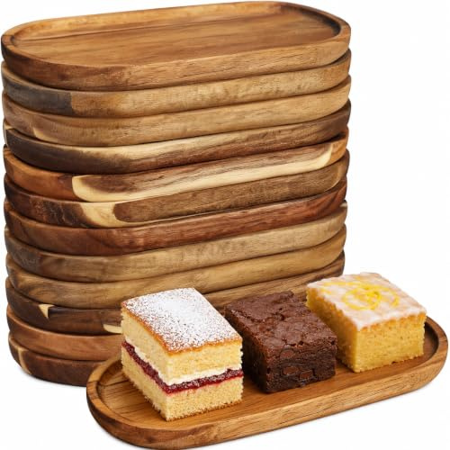 12 Pack Small Wooden Serving Trays, 25cm Oval Acacia Wood Platters