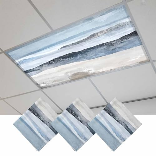 Fluorescent Light Covers, Blue Ombre Magnetic Light Covers for Ceiling Lights, Modern Contemporary Oil Painting Fluorescent Ceiling Shade Filters for Classroom Bedroom Office 4x2Ft x 3PCS