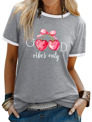 Dresswel Women's T-Shirts Cherry Graphic Print Crew Neck Summer Tshirt Tops | Casual Short Sleeve Classic Ringer Tee Shirts Sweet Girl Strawberry Letter Print Y2K