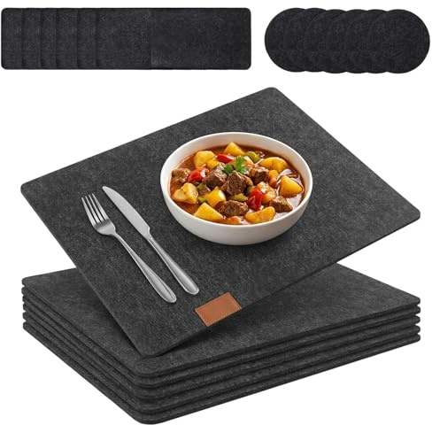 Tischset,6 Stück Platzsets Filz Untersetzer Set (6 Tellermatten + 6 Becheruntersetzer + 6 Löffelhalter), 40x30cm Tischset Filz Schwarz, Untersetzer Teller für Esstisch