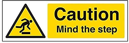 VSafety Warnschild mit Aufschrift auf Englisch „Caution Mind The Step“, Querformat, 300 mm x 100 mm, 2 mm, starrer Kunststoff