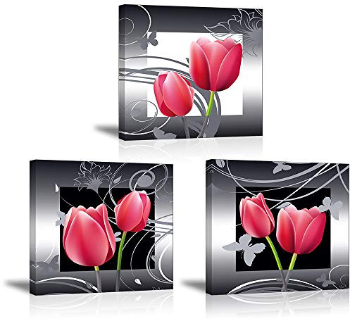Piy Painting Wandbilder 3 Panel Rote Elegante Tulpen Bilder und Kunstdrucke auf Leinwand wasserdichte Leinwandbild Blumen Ölgemälde Deko für Wohnzimmer Schlafimmer Küche Geburtstagsgeschenk 30x30cm