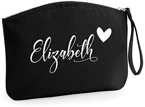Personalisiert Name Initialen Kosmetiktasche Damen Schminktasche Handtasche Zubehör Taschen - Schwarz - L (28 x 22 cm) - Weißer Name und Herz