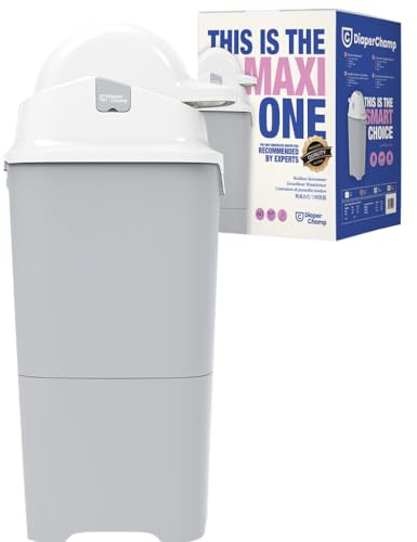DIAPER CHAMP One Max - Cubo para pañales (resistente al olor, sin cartuchos de relleno, funciona con bolsas convencionales normales/bolsas de basura, para 60 pañales), color plateado y blanco