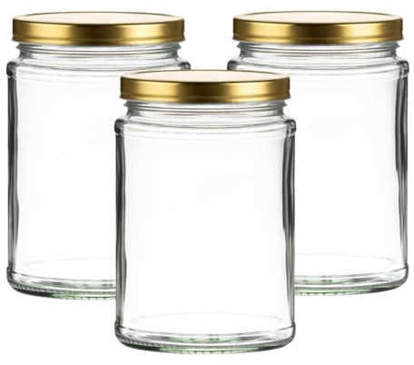 J&B 500ml Panelled Glass Jam Jars with Gold Twist Off Lids, Pack of 6, Preserve Jars for Jam, Chutney, Pickling, Overnight Oats & Food Storage