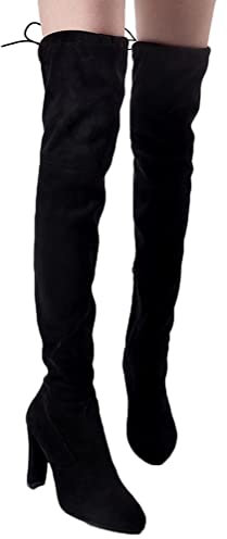 shownicer Damen Stiefel Overknees mit Blockabsatz Wildleder Schuhe ReißVerschluss Winterschuhe High Heels Sohle Hohe Stiefel Boots Schnürschuhe Schwarz 39 EU
