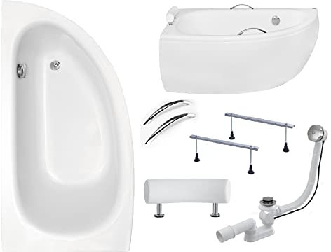 BADLAND BadewanneWeiß Acryl Wanne Eckbadewanne MILENA PREMIUM 150x70 KOMPLETTSET SET mit Weiß Acrylschürze + Handgriffen + Kopfstütze + Füßen und Chrom Automatik Ablaufgarnitur Made in EU 6in1