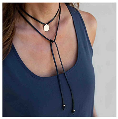 Cimenexe Gothic Layered Leather Choker Necklace Coin Pendant Necklace, Black Leather Cord, 63.5cm, Women and Girls