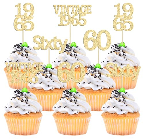 Gyufise 24Pcs 60th Birthday Cupcake Toppers Cheers to 60 Fabulous Sixty Cupcake Picks Vintage 1965 Decorations for 60th Birthday Wedding Anniversary Party Cake Decorations Supplies Gold