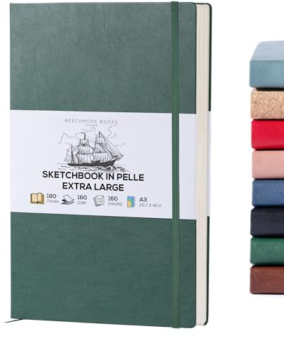 Beechmore Böcker Extra stor skissbok – grön konst skissbok med veganskt läder inbunden | rita, skiss, färg, klippbok | tjockt papper 160 gsm professionellt fodrad skissblock, present till män och