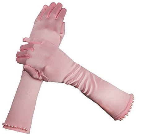 FakeFace Perlenverzierte Lange Brauthandschuhe für Blumenmädchen, Satin Ellenbogen Fingerhandschuhe, Mädchen Hochzeitkleid Handschuhe für Hochzeit, Party,Oper,Tanz, Kinder Braut Handschuhe PINK