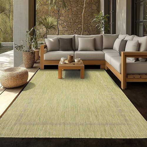 SIMPEX Outdoor Teppich Wetterfest 120x170 cm Grün Bordüre Design Flachgewebe Waschbar für Balkon Terrasse Garten Wohnzimmer Küche