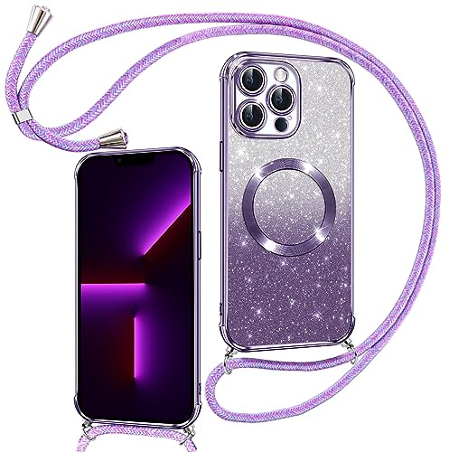 Phoona Hülle für iPhone 13 Pro Max mit Band, Lila | [Kompatibel mit MagSafe] Luxuriöse Glitzer Beschichtung Magnetische Handyhülle zum Umhängen Kordel Silikon Stoßfest
