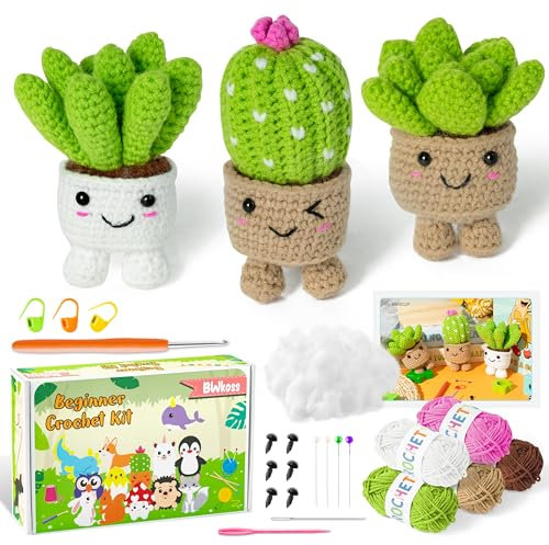 WATINC Juego de 20 piezas de ganchillo para principiantes, cactus, paquete completo de ganchillo, paquete de ganchillo con instrucciones y vídeo accesorios de punto, juego de ganchillo, manualidades,