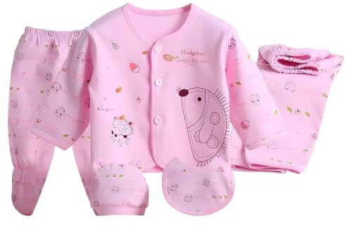 FATASH 5 PCs Newborn Baby Clothes Soft Cotton Outfit Gift Set (0-3 Months) for Boys & Girls, 1 Full Sleeve Top, 2 Pants, 1 Hat, 1 Bib Unisex Infant Night Playsuit - Pink Snail