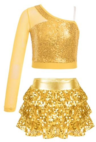 Alvivi Mädchen Tanzkleid Latein Pailletten Kleid Jazz Modern Dance Kostüm EIN-Schulter Langarmshirt Tops mit Rock Shorts Ballsaal Tanzkostüm