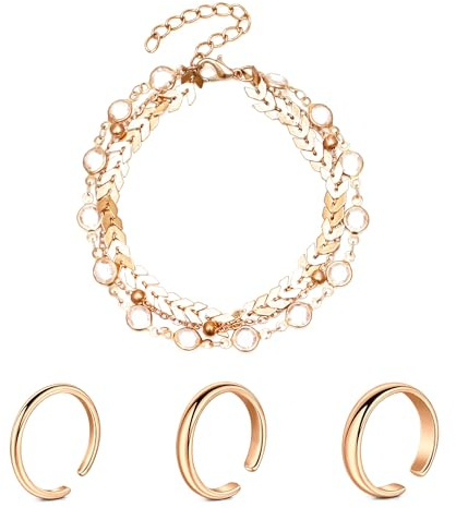 Rajnard Tåring och fotledsarmband 2 mm/3 mm/4 mm klassisk justerbar tåring öppen tå ring och armband silver rosa och guld, Metall