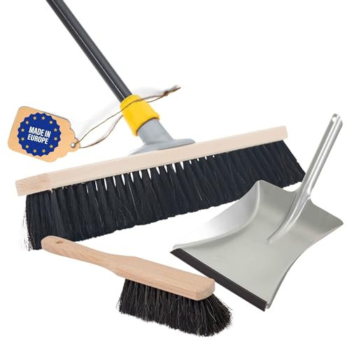 Novaliv Großer Besen Saalbesen 80 cm mit Stiel Borsten Haarmischung inkl. Kehrgarnitur verzinkt mit Gummilippe bestehend aus Kehrblech und Handfeger Besen fein Werkstattbesen Industriebesen mit Stiel