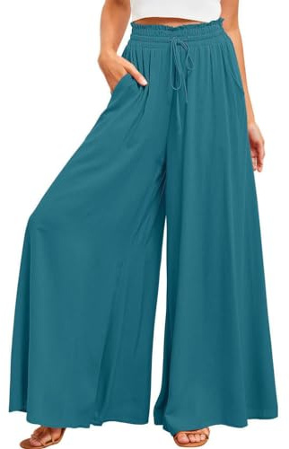 Osheoiso Hosenrock Damen Lang Culottes Loose Weites Bein Lockere Hosen Basic Elegante Stoffhose Damen Sommer Strandhose Hohe Taille Elastischer Freizeithose A Pfauenblau XL
