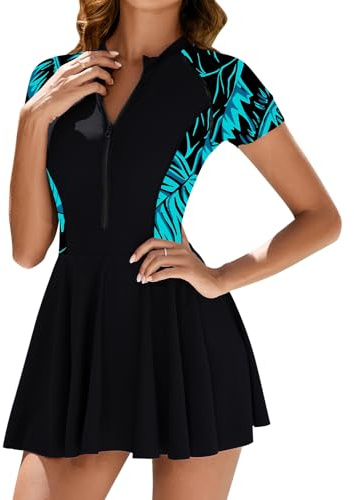 Odizli Swim Dresses Women Short Sleeve Zip Up Swimming Costume Summer One Piece Skirted Swimwear