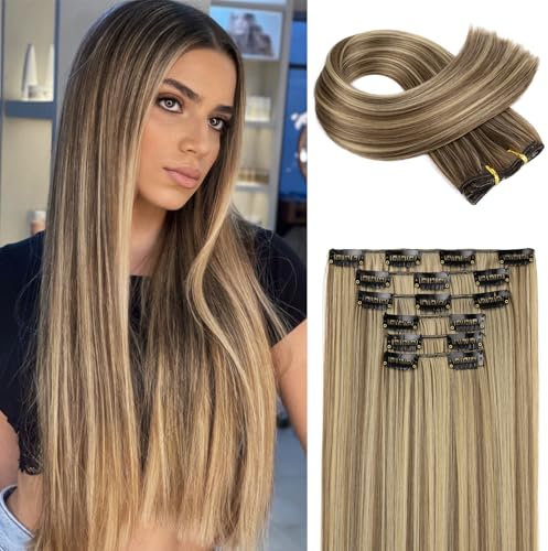 FLUFYMOOZ 6PC Clip in Hair Extensions 24 Straight Long Extensions for Women Synthetic Hairpiece (Brown with Blonde Highlights)