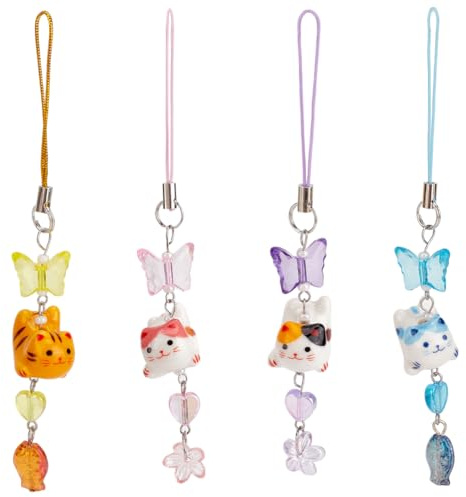DELORIGIN 4 Styles Cats Phone Charms Porcelain Beaded Phone Strap Cartoon Animal Kitty Wrist Lanyard Acrylic Butterfly Mobilephone Accessories for Cases Keychain Bag Car Hanging Ornaments