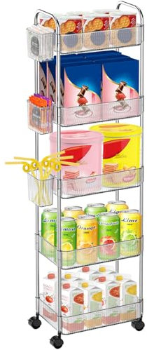 NIUXX Küche Rollwagen mit 5 Ebenen, Küchenwagen mit Hängenden Bechern und Griffen, Nischenregal mit abschließbare Räder, Allzweckwagen Rollende Lagerwagen, für Wohnzimmer, Badezimmer, Büro, Weiß