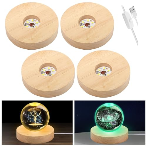 BlyeMichdi 4 Stück LED Holzsockel, 7 Farben Holz LED Leuchtsockel für Acrylglas, Rund Leuchten Ständer Display Basis mit USB Schalter für Kristallkugeln, Schmuck, Acryl, Glas und Harz