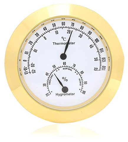 Thermometer Hygrometer,Alloy Meter Round Thermometer Hygrometer for Violin Guitar Case Instrument Care (Gold)