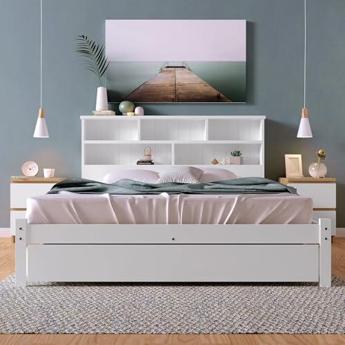 TIZZ Letto matrimoniale in legno massello con cassetti e rete a doghe, per ragazzi e adulti, bianco (140 x 200 cm)