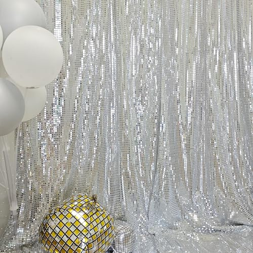 JYFLZQ Silver Disco Backdrop Curtain for Parties 4.5FT x 8FT 1 Panel Not See Through Thick Sequin Mirror Background 70s 80s Glitter Sparkly Backdrop Disco Ball Party Decorations