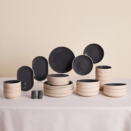 Karaca Terra 36-Piece Stoneware Dinner Set for 8 People, Dishwasher Safe, Microwave Safe, Dinner Plate, Pasta Bowl, Side Plate, Soup Bowl, Serving Platters, Anthratice