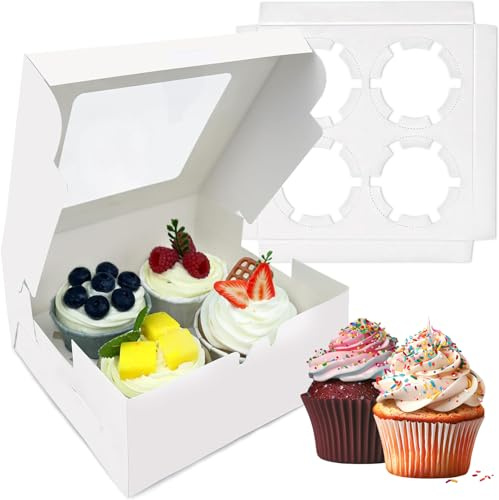 Menmamenma 20 Pcs Cupcake Boxes 4 Hole - Multifunction Inserts Deep Cake Boxes for Cupcakes – White Cup Cake Boxes (16 x 16 x 7.8cm) with Clear Window - for Muffins, Cupcakes & Pastries